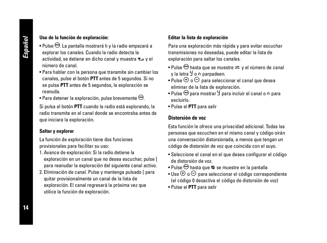 Motorola PMR446 Distorsión de voz, Uso de la función de exploración, Saltar y explorar, Editar la lista de exploración 