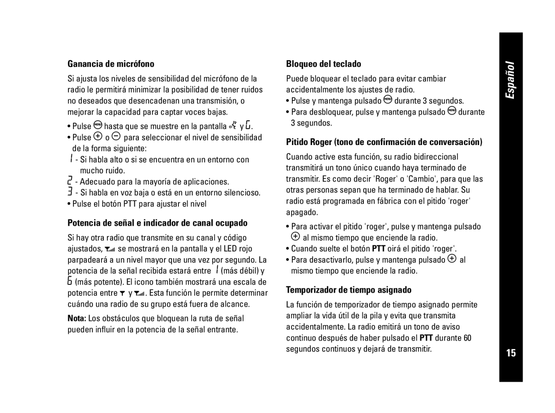 Motorola CLS446, PMR446 specifications Ganancia de micrófono, Bloqueo del teclado, Temporizador de tiempo asignado 