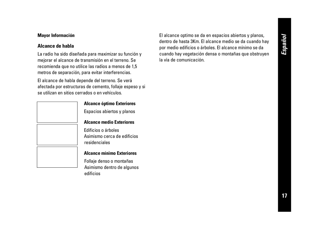 Motorola CLS446, PMR446 Alcance de habla, Alcance óptimo Exteriores, Espacios abiertos y planos, Alcance medio Exteriores 