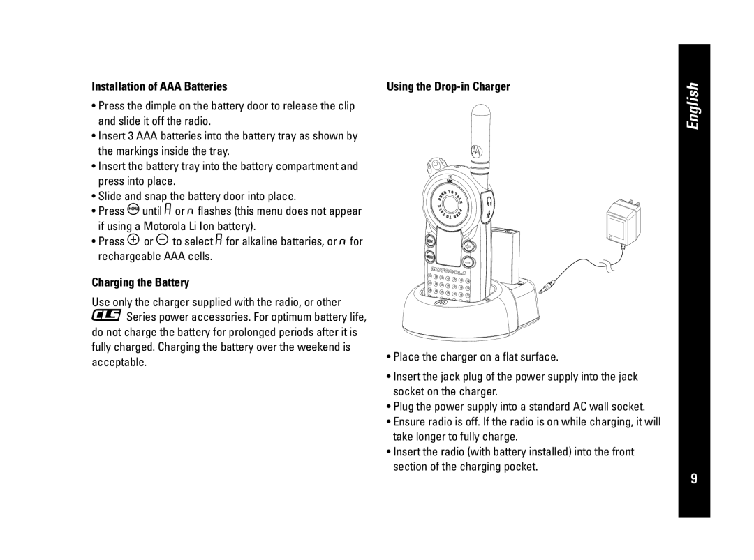 Motorola CLS446, PMR446 specifications Installation of AAA Batteries, Charging the Battery, Using the Drop-in Charger 