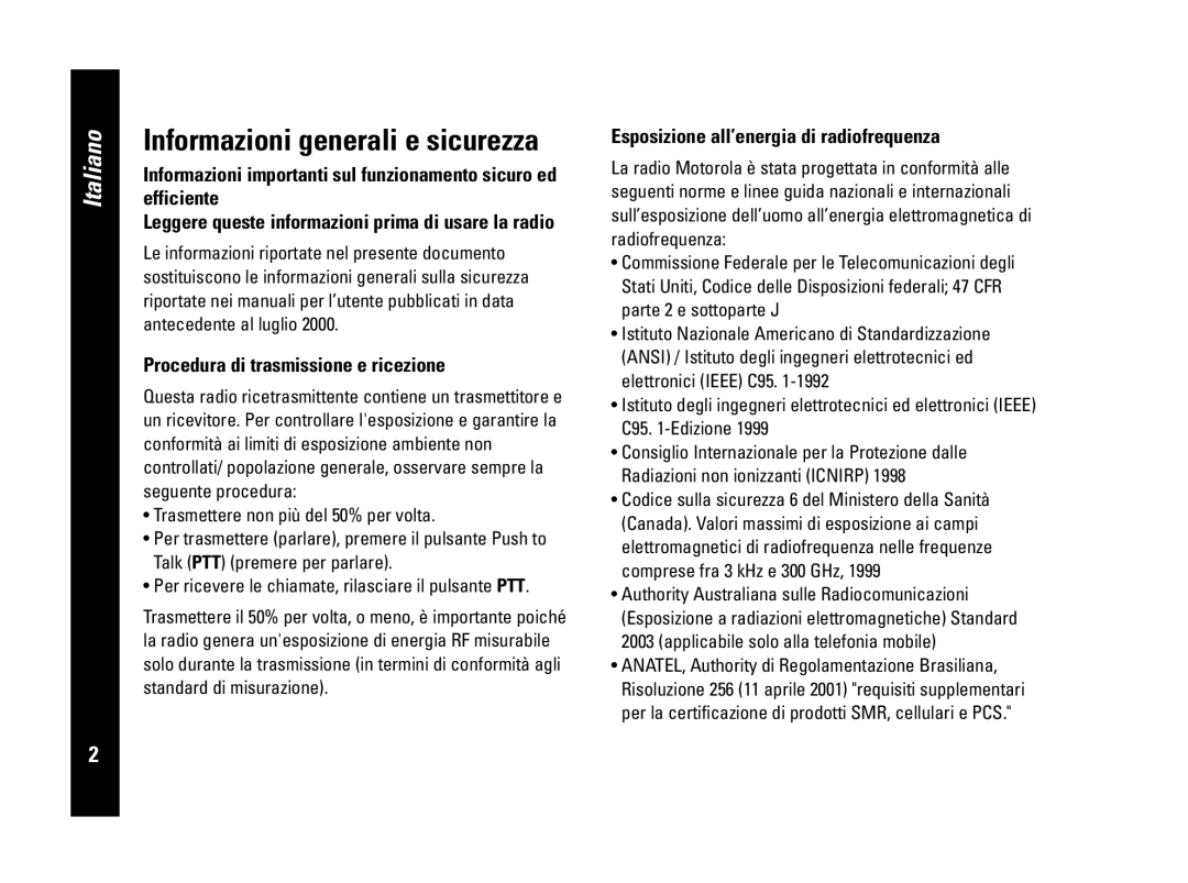 Motorola PMR446, CLS446 specifications Procedura di trasmissione e ricezione, Esposizione all’energia di radiofrequenza 