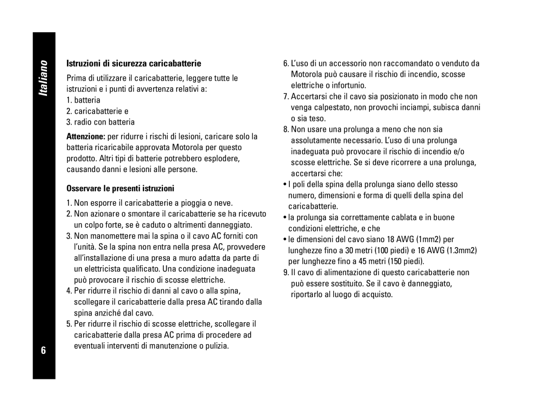 Motorola PMR446, CLS446 specifications Istruzioni di sicurezza caricabatterie, Batteria Caricabatterie e Radio con batteria 