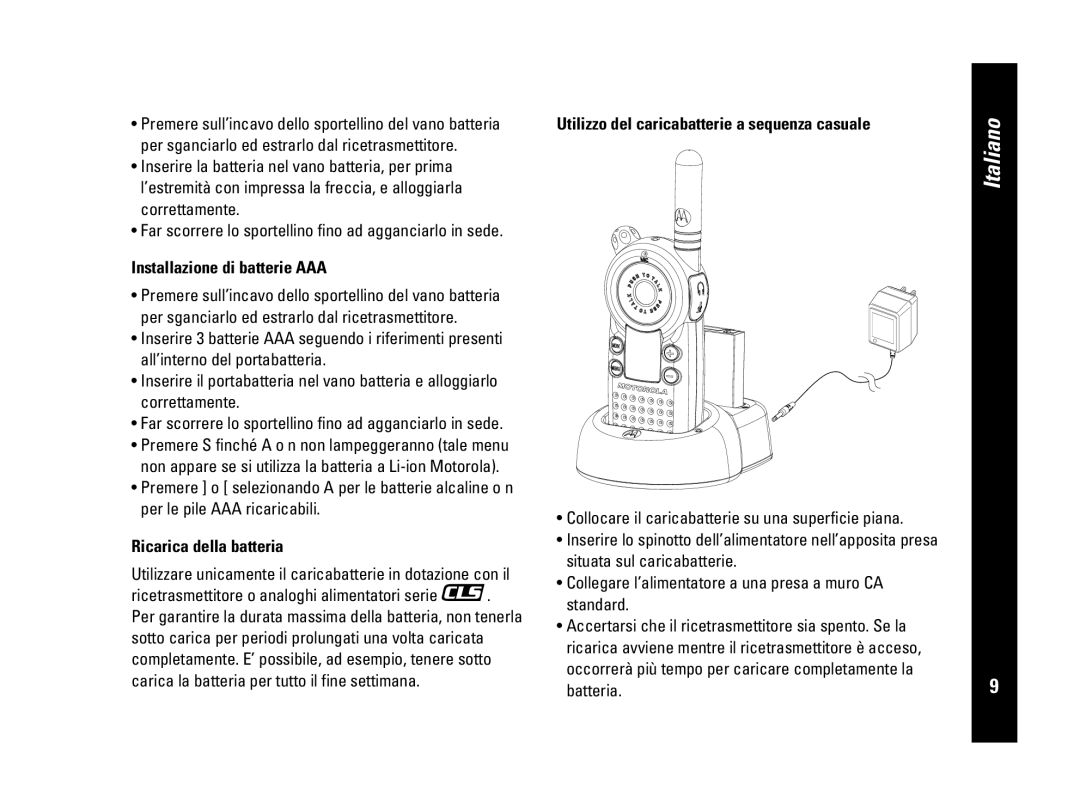 Motorola CLS446 Installazione di batterie AAA, Ricarica della batteria, Utilizzo del caricabatterie a sequenza casuale 