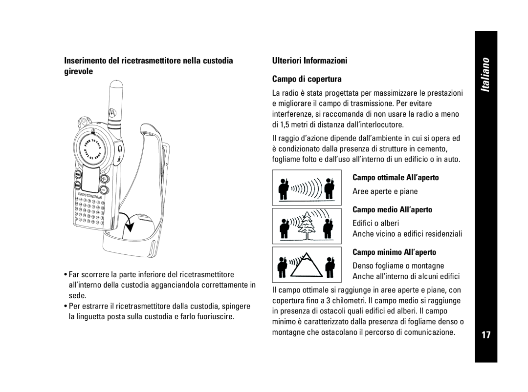 Motorola CLS446 Ulteriori Informazioni Campo di copertura, Campo ottimale All’aperto, Campo medio All’aperto, Italiano 