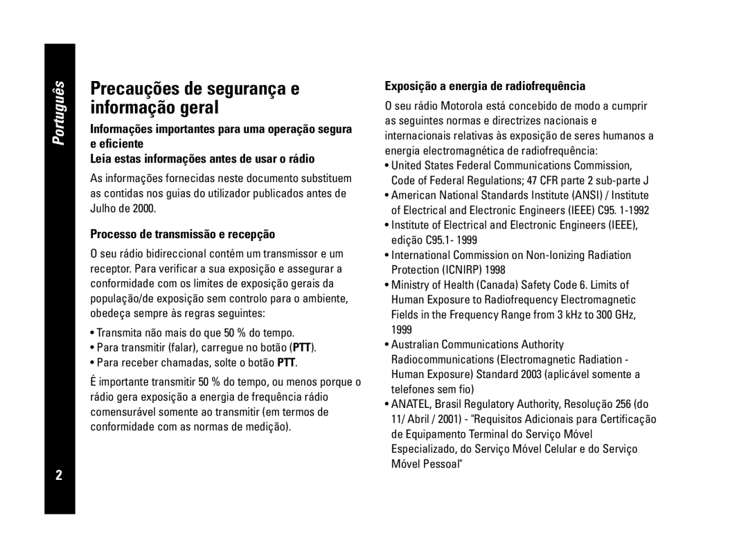 Motorola PMR446 Precauções de segurança e informação geral, Leia estas informações antes de usar o rádio, Português 