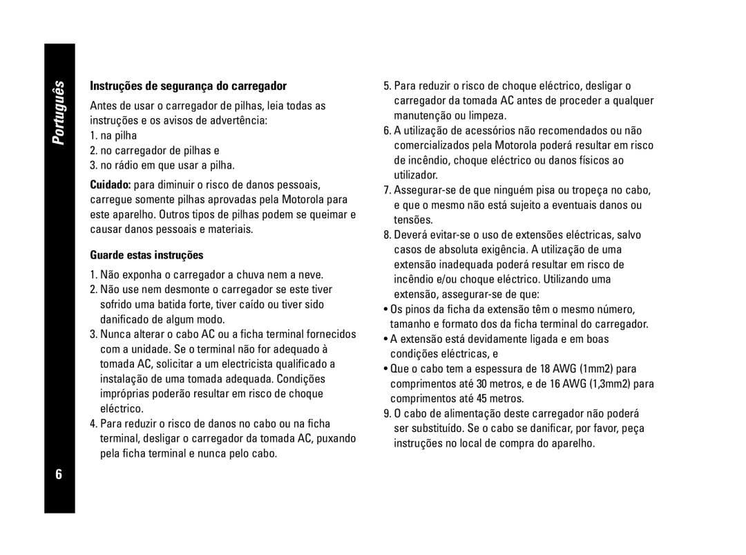 Motorola PMR446, CLS446 specifications Instruções de segurança do carregador, Guarde estas instruções, Português 