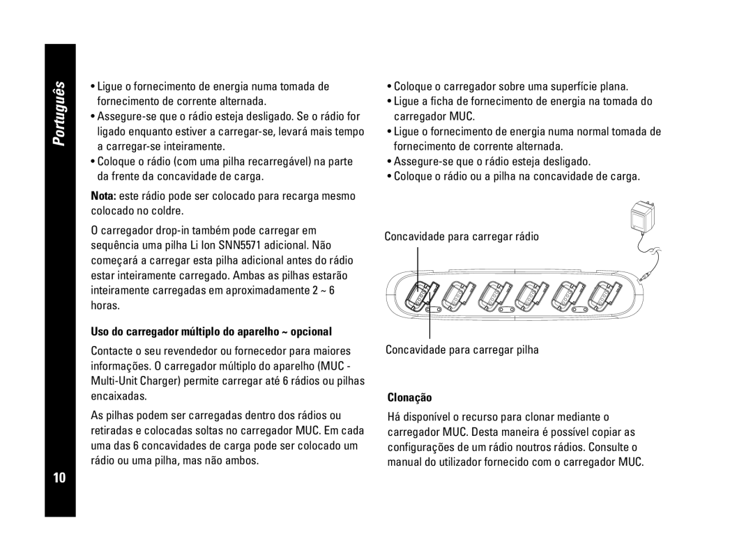 Motorola PMR446, CLS446 specifications Uso do carregador múltiplo do aparelho ~ opcional, Clonação, Português 