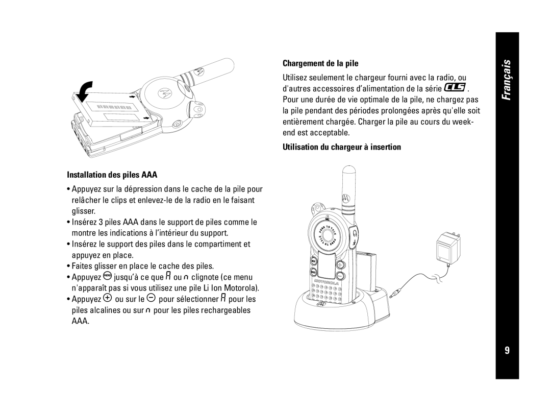 Motorola CLS446, PMR446 Installation des piles AAA, Chargement de la pile, Utilisation du chargeur à insertion, Français 