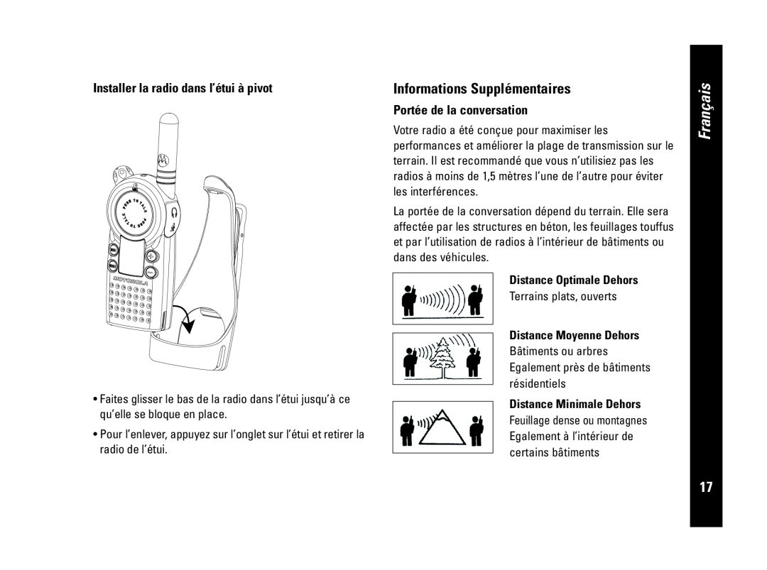 Motorola CLS446 Informations Supplémentaires, Installer la radio dans l’étui à pivot, Portée de la conversation, Français 