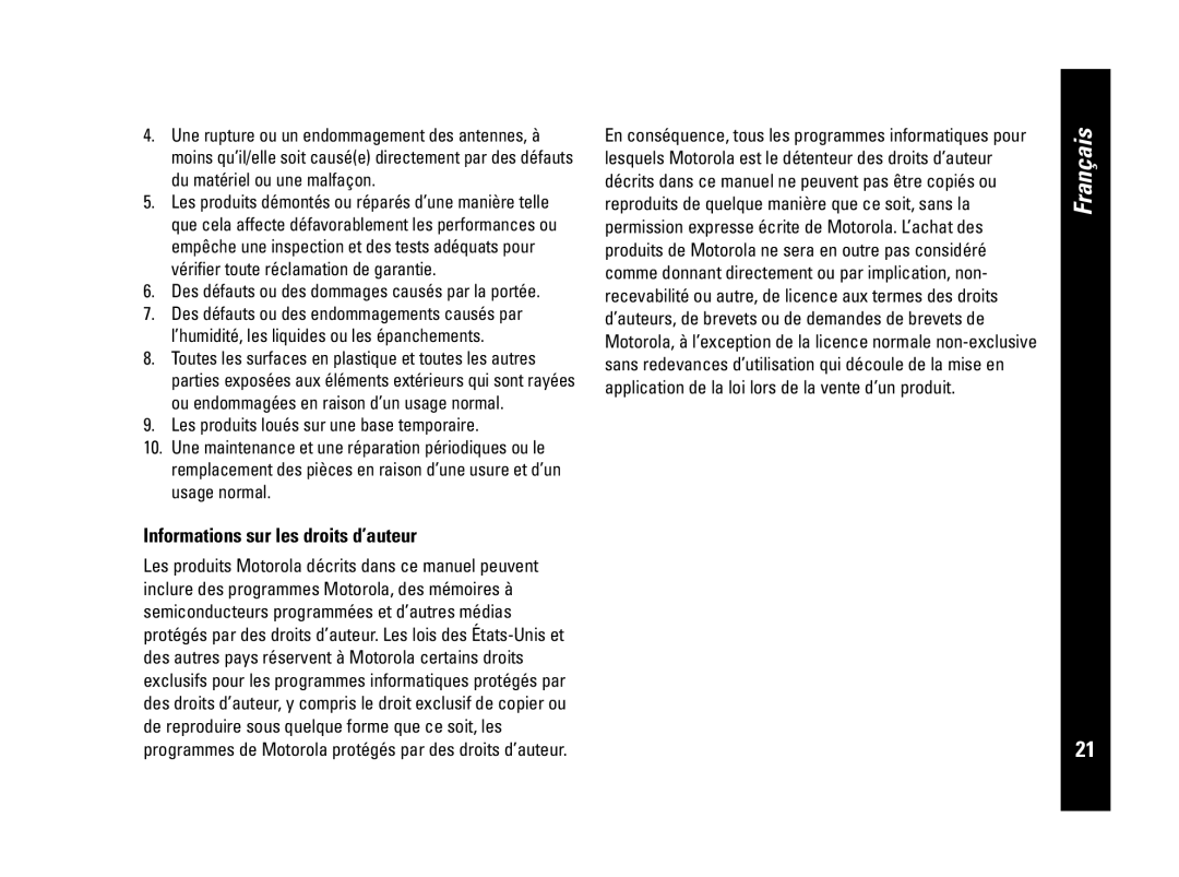 Motorola CLS446, PMR446 Informations sur les droits d’auteur, Français, Les produits loués sur une base temporaire 