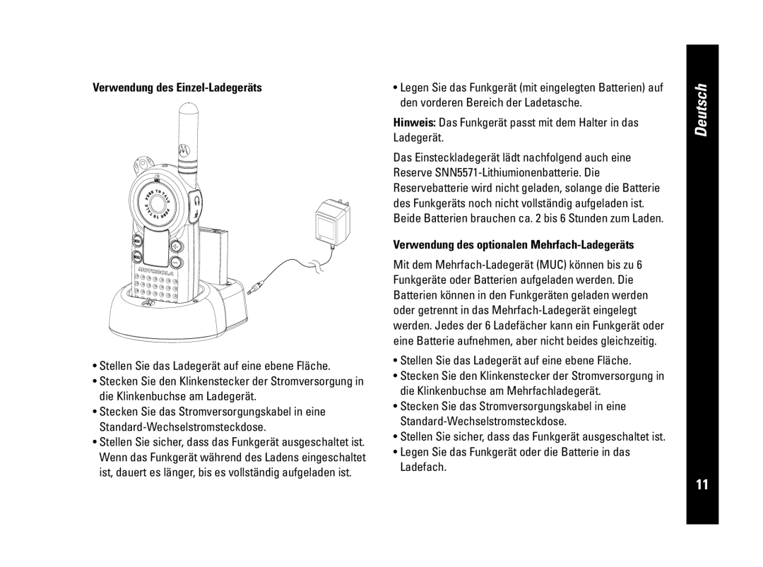 Motorola CLS446, PMR446 Verwendung des Einzel-Ladegeräts, Verwendung des optionalen Mehrfach-Ladegeräts, Deutsch 