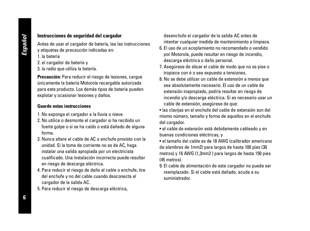 Motorola PMR446, CLS446 specifications Instrucciones de seguridad del cargador, Guarde estas instrucciones, Español 