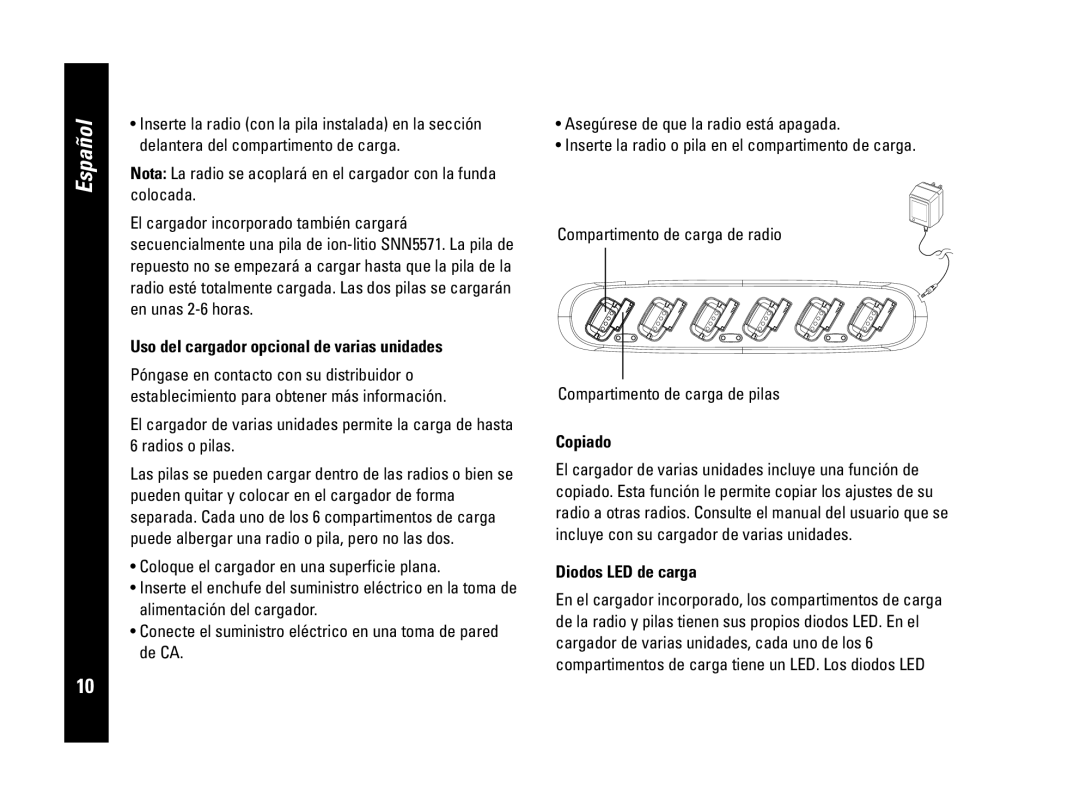 Motorola PMR446, CLS446 specifications Uso del cargador opcional de varias unidades, Copiado, Diodos LED de carga, Español 