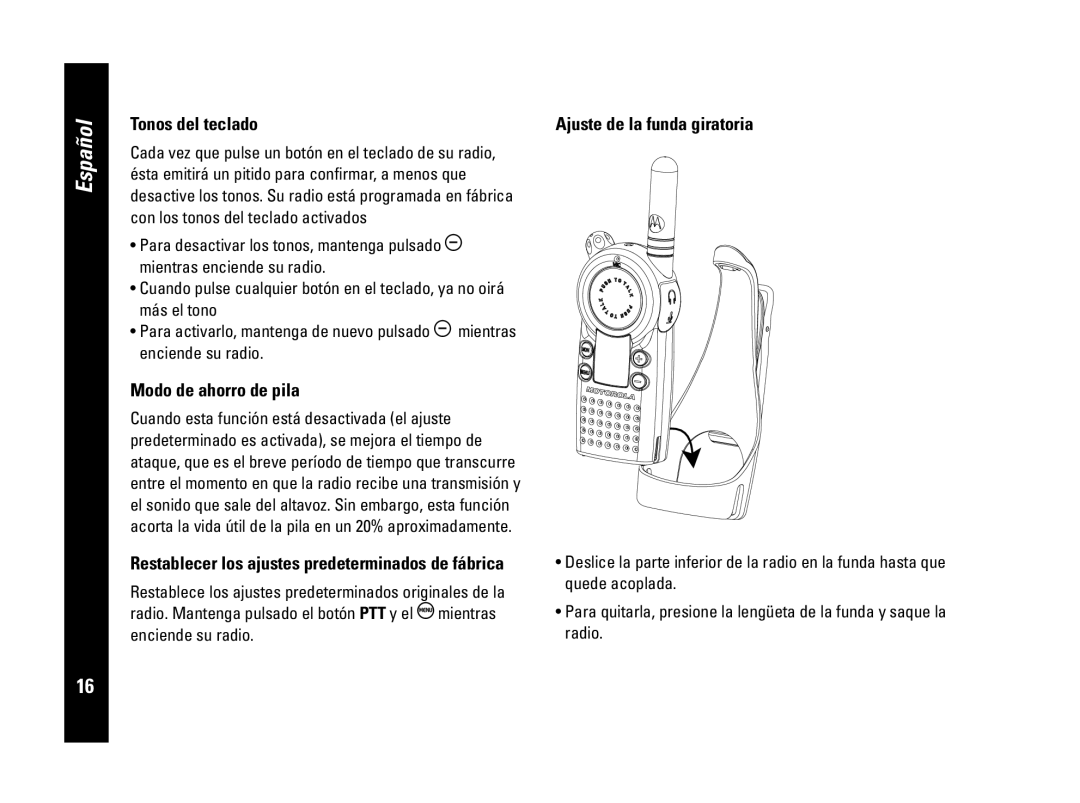 Motorola PMR446, CLS446 specifications Tonos del teclado, Modo de ahorro de pila, Ajuste de la funda giratoria, Español 