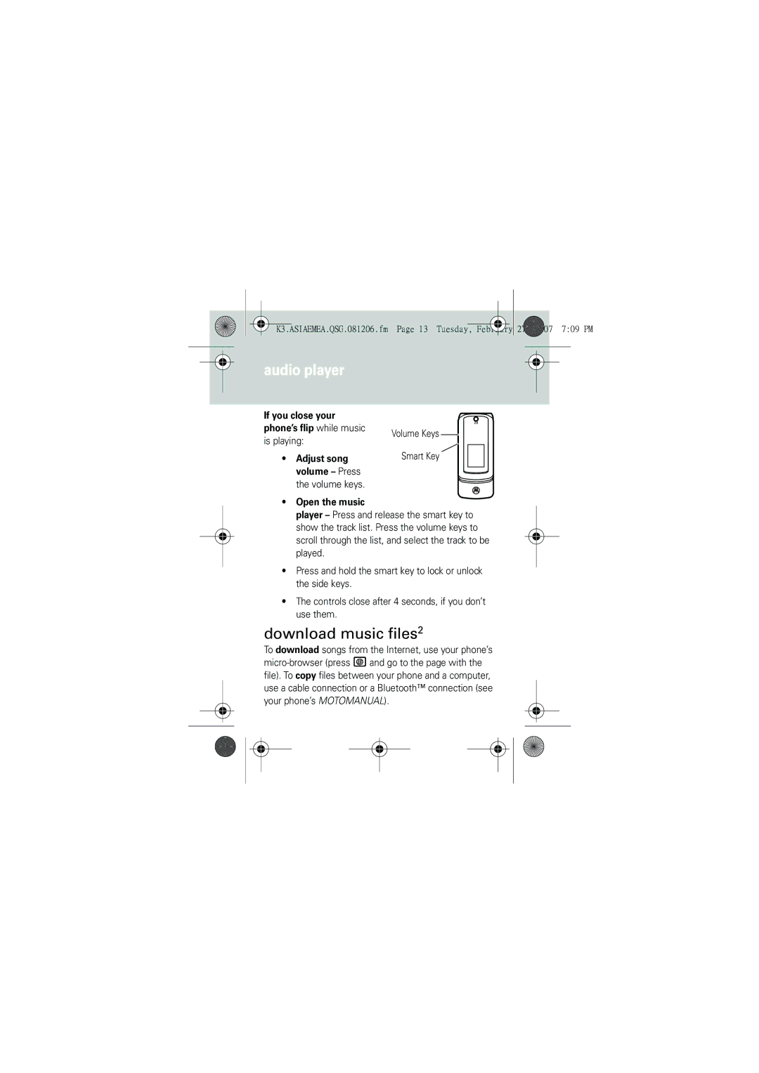 Motorola maxx K3, PMS 286, 6802931J09 quick start Download music files2, Is playing, Smart Key, Volume keys 