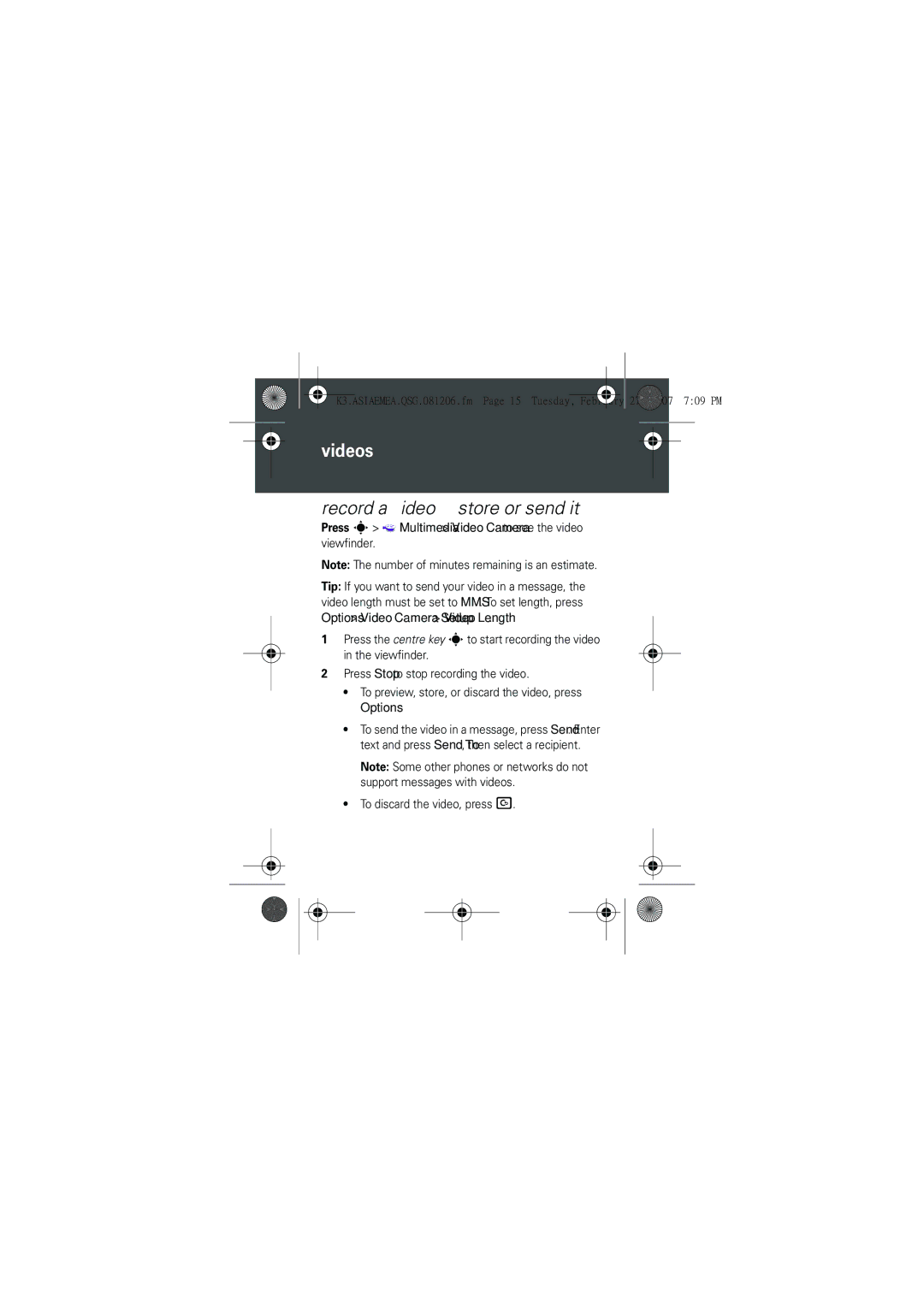 Motorola PMS 286 Videos, Record a video & store or send it2, Press s Multimedia Video Camera to see the video Viewfinder 