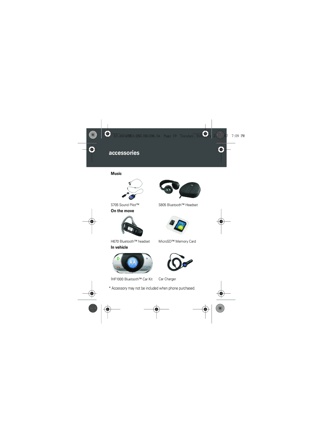 Motorola maxx K3, PMS 286, 6802931J09 quick start Accessories, Accessory may not be included when phone purchased 