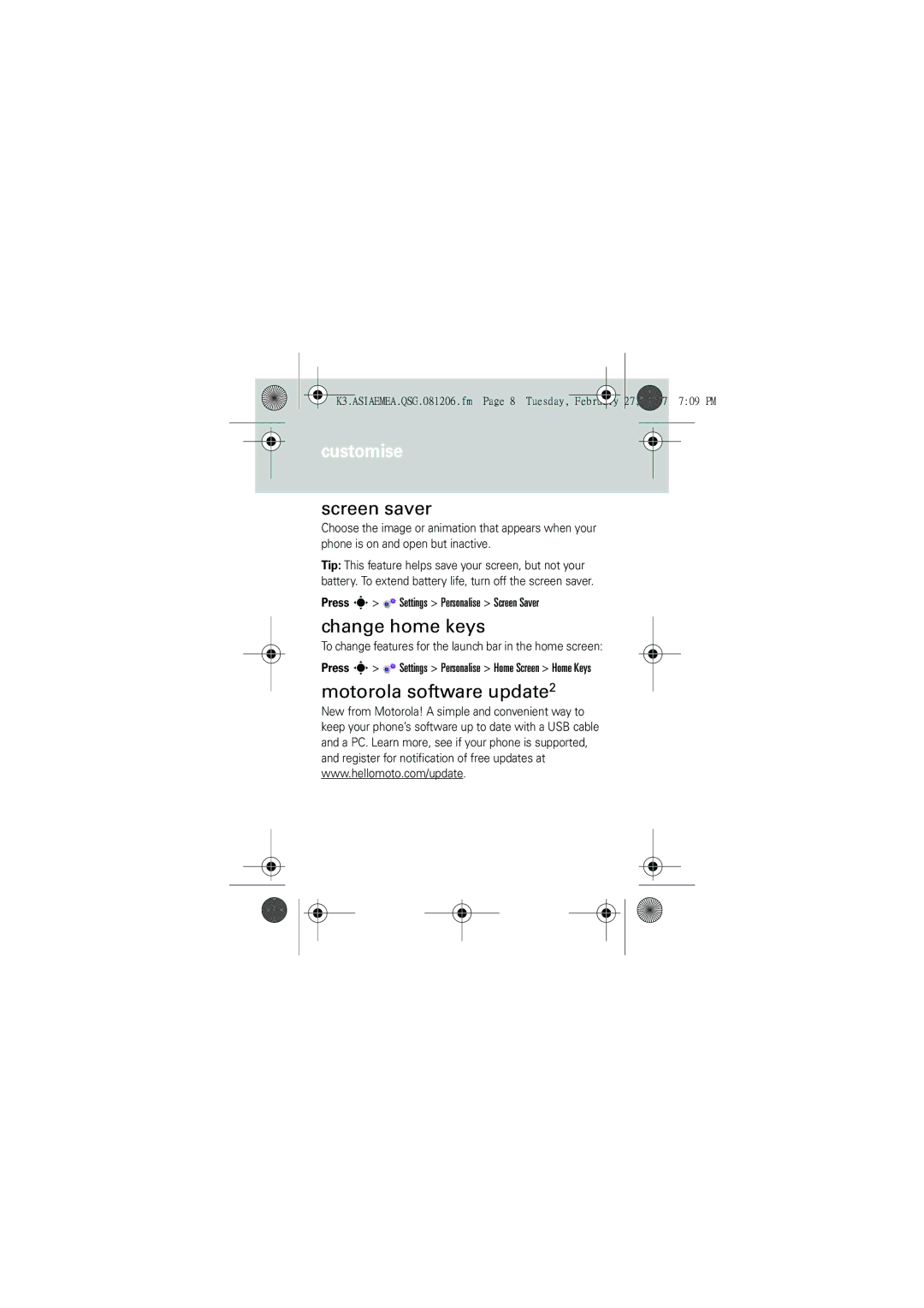 Motorola 6802931J09 Screen saver, Change home keys, Motorola software update2, Press s Settings Personalise Screen Saver 