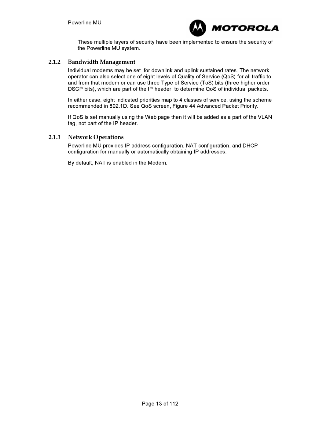 Motorola Powerline MU manual Bandwidth Management, Network Operations 