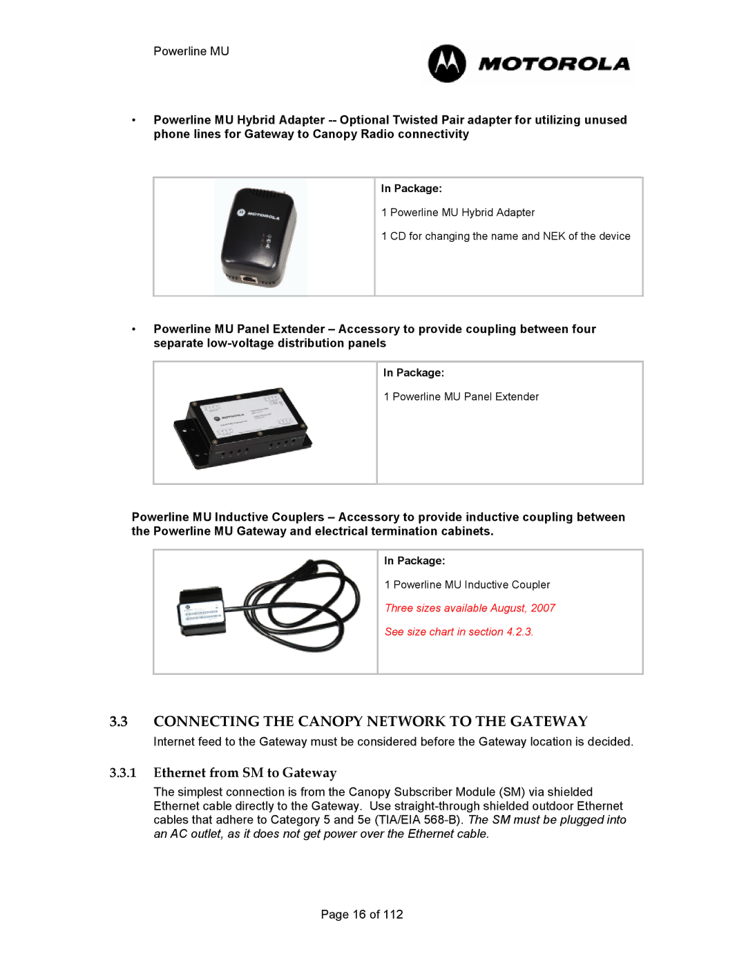 Motorola Powerline MU manual Connecting the Canopy Network to the Gateway, Ethernet from SM to Gateway 