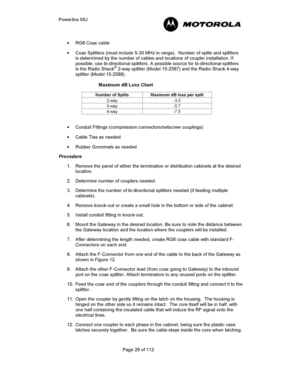 Motorola Powerline MU manual Number of Splits Maximum dB loss per split Way 