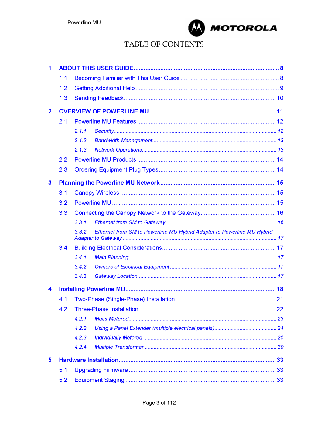 Motorola Powerline MU manual Table of Contents 