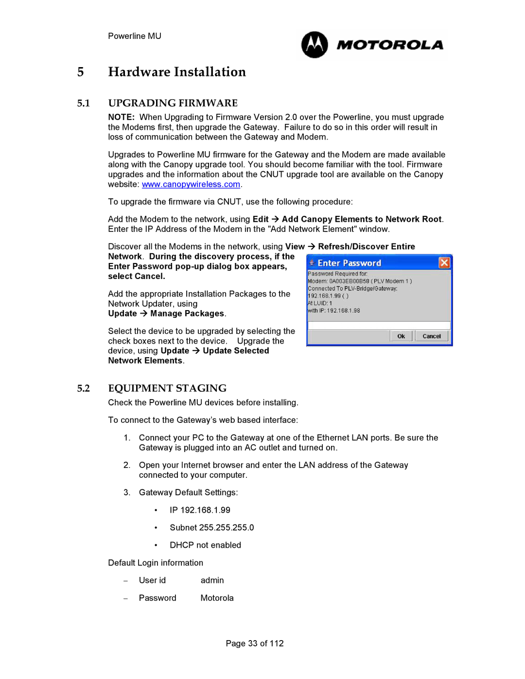 Motorola Powerline MU manual Upgrading Firmware, Equipment Staging 