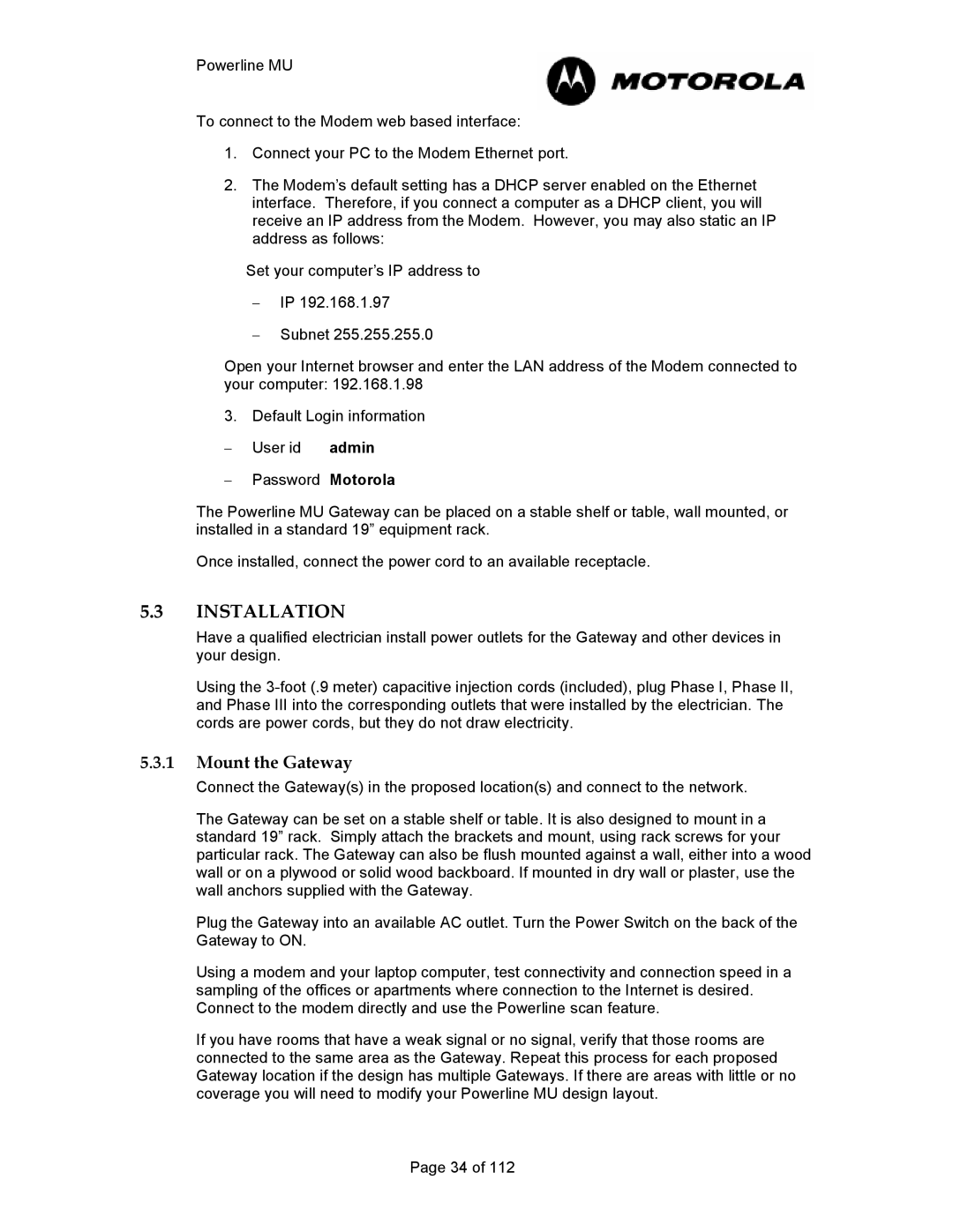 Motorola Powerline MU manual Installation, Mount the Gateway 