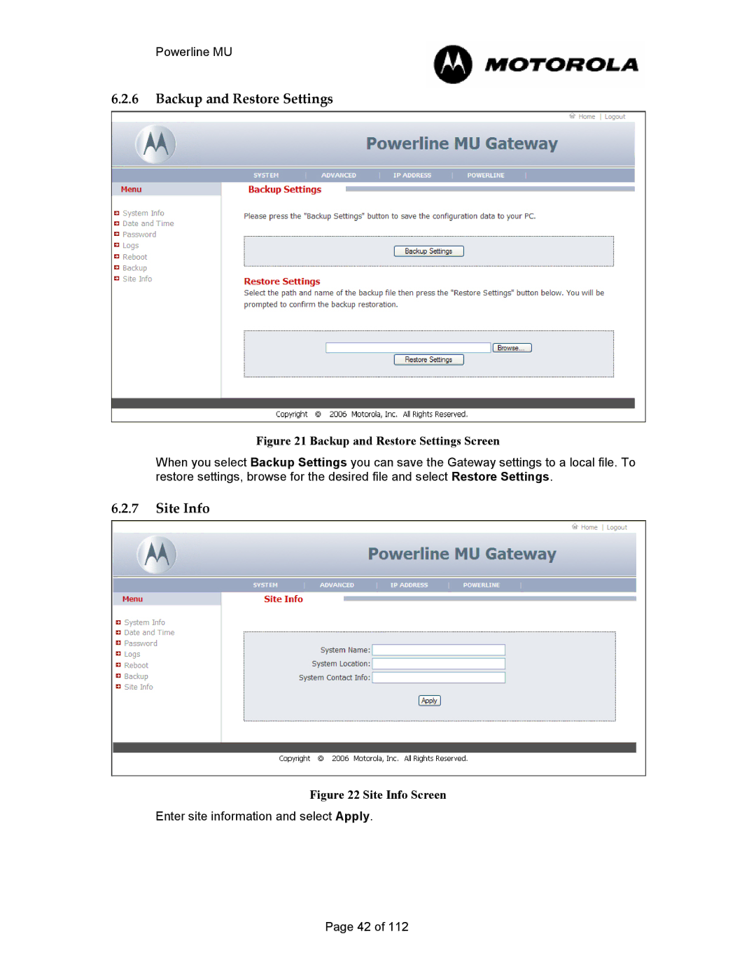 Motorola Powerline MU manual Backup and Restore Settings, Site Info 