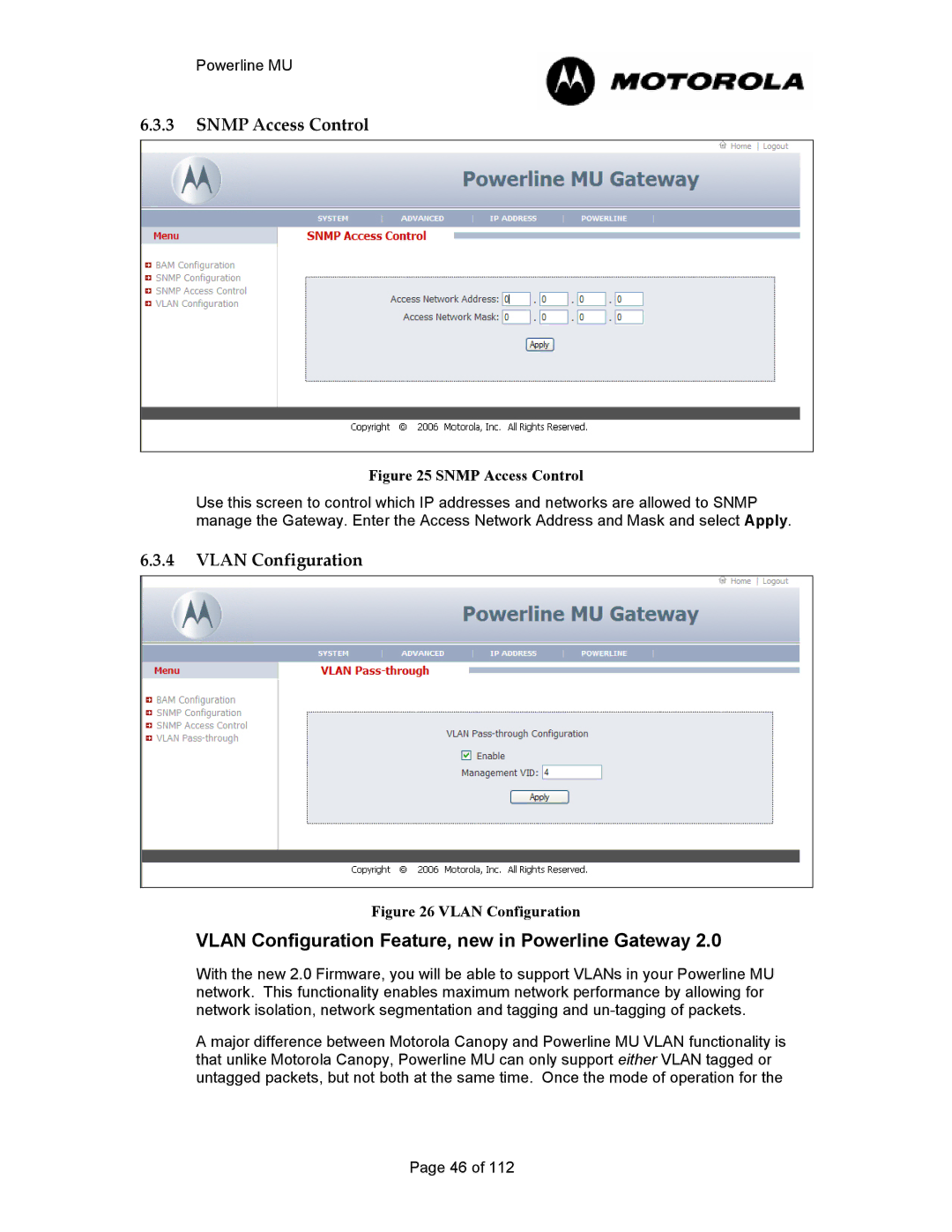 Motorola Powerline MU manual Snmp Access Control, Vlan Configuration 