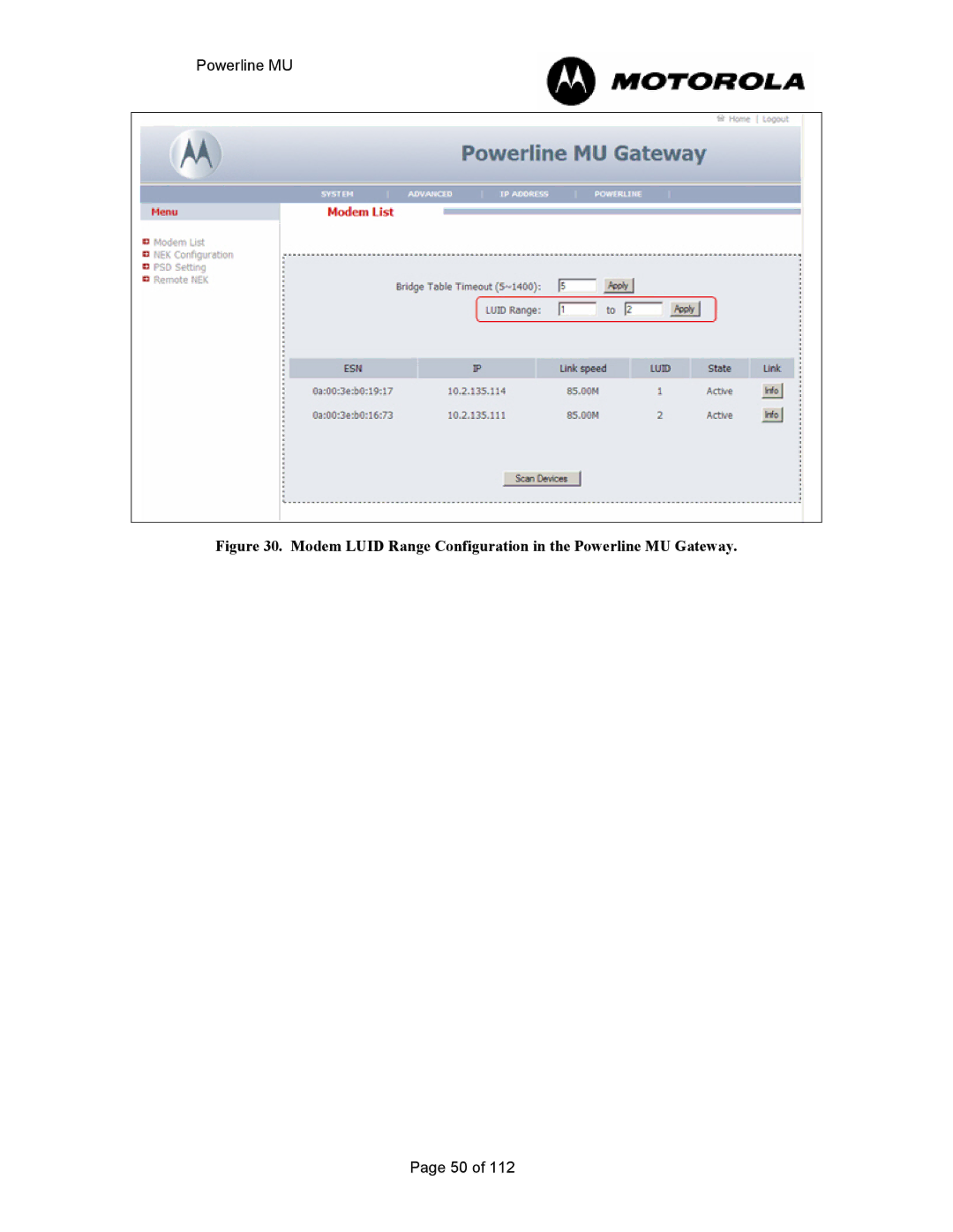 Motorola manual Modem Luid Range Configuration in the Powerline MU Gateway 