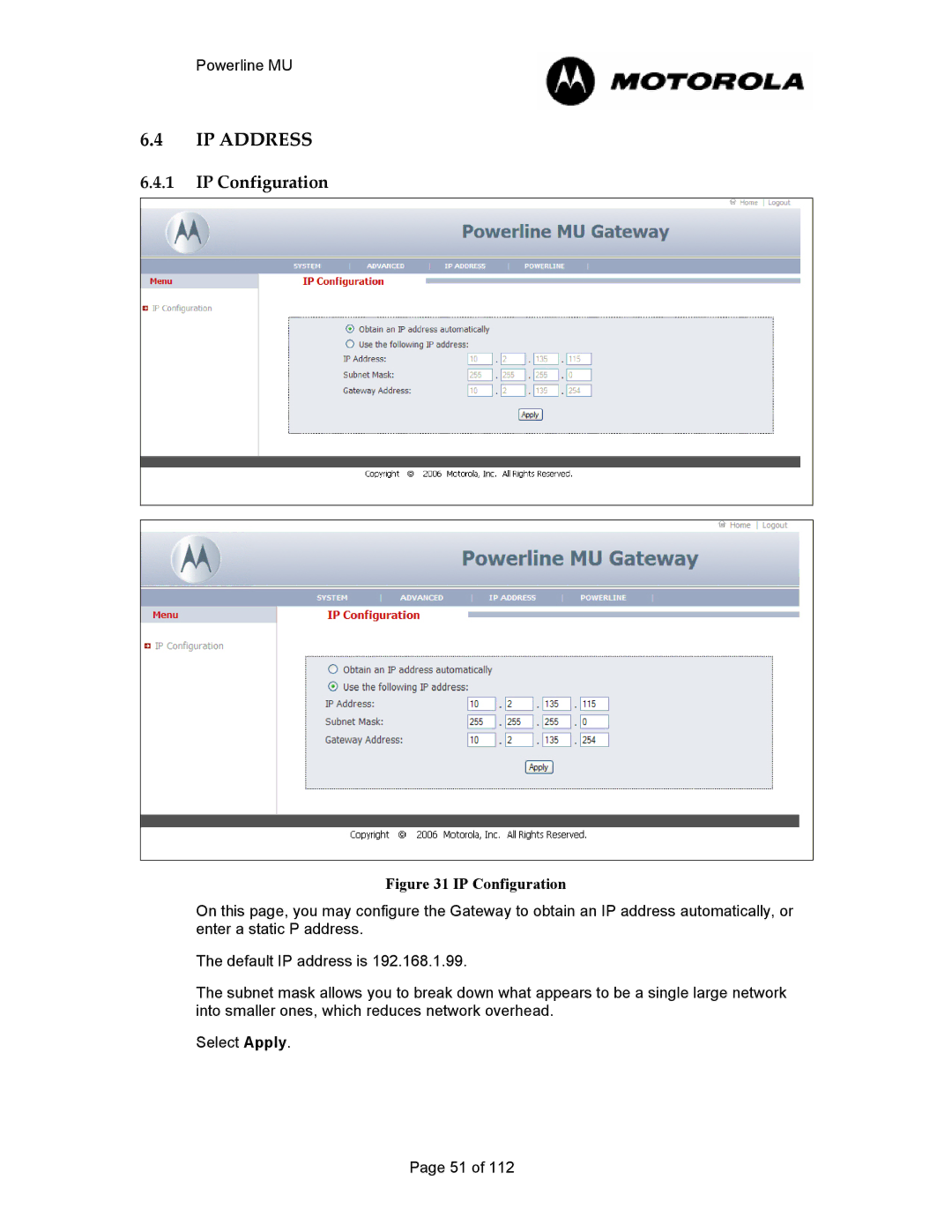 Motorola Powerline MU manual IP Address, IP Configuration 