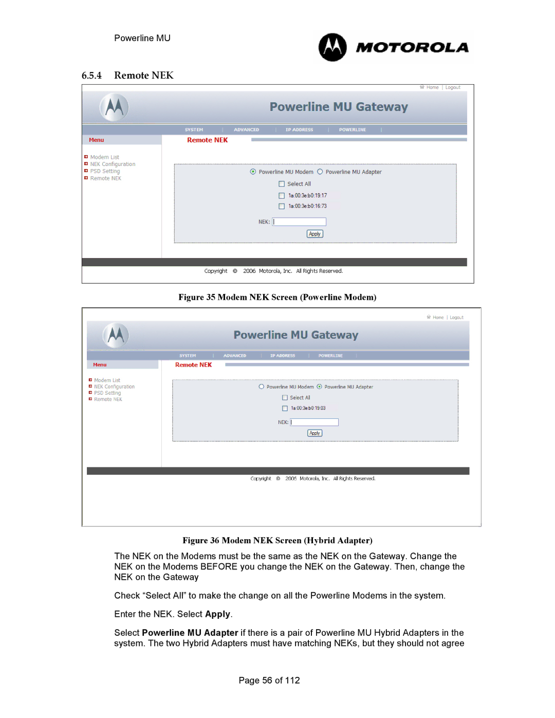 Motorola Powerline MU manual Remote NEK, Modem NEK Screen Powerline Modem 