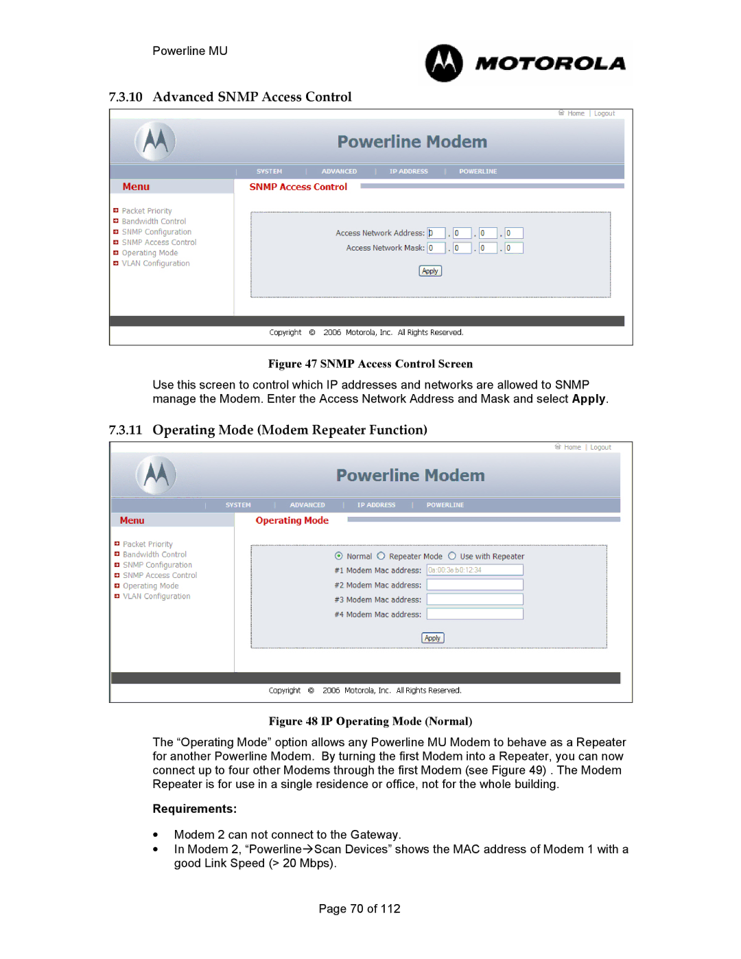 Motorola Powerline MU manual Advanced Snmp Access Control, Operating Mode Modem Repeater Function 