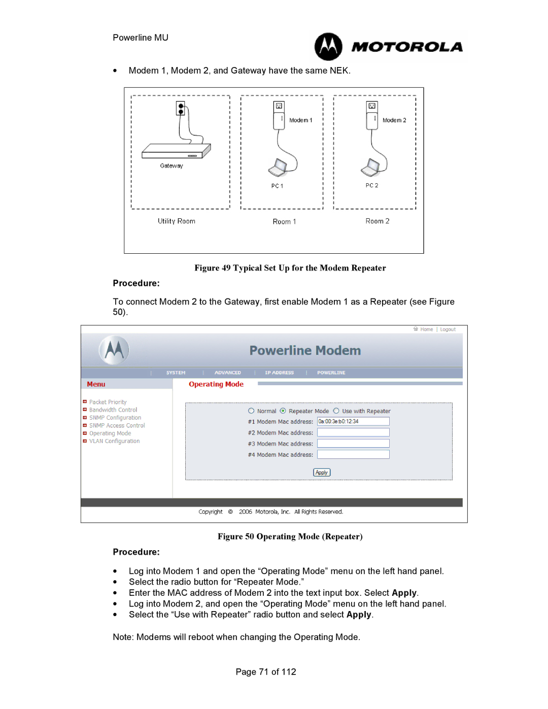 Motorola Powerline MU manual Typical Set Up for the Modem Repeater 