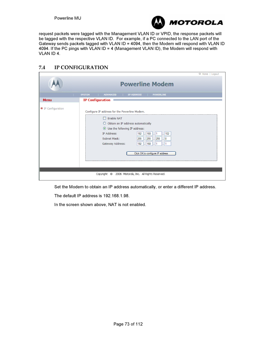 Motorola Powerline MU manual IP Configuration 