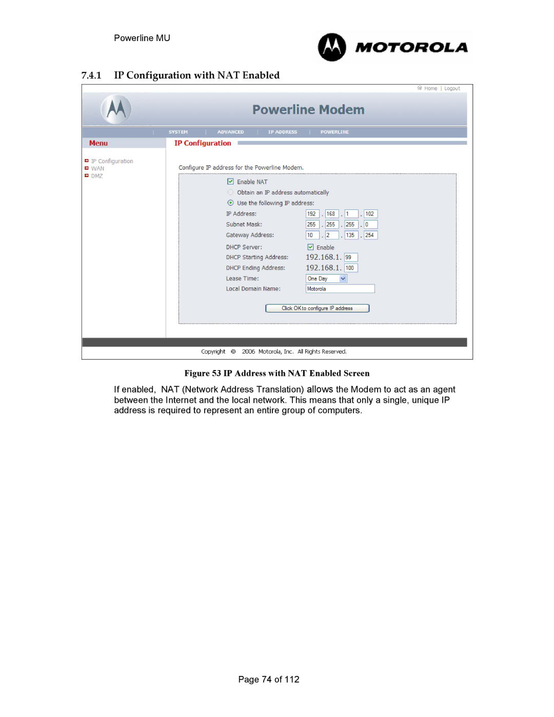 Motorola Powerline MU manual IP Configuration with NAT Enabled, IP Address with NAT Enabled Screen 