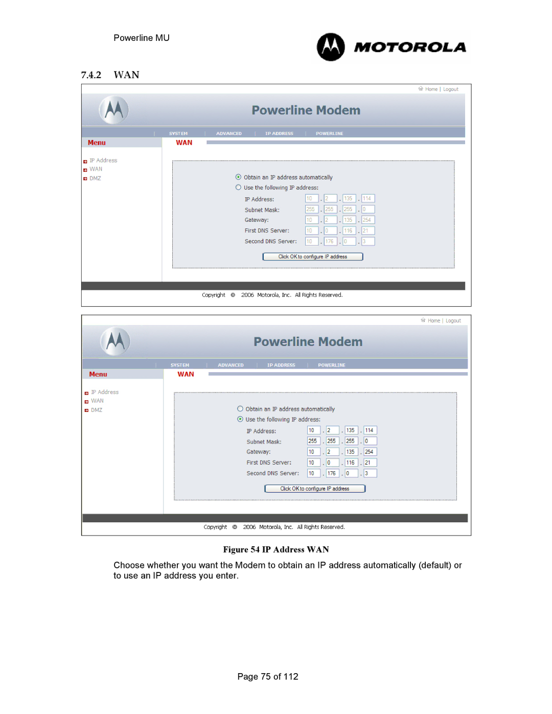 Motorola Powerline MU manual 2 WAN, IP Address WAN 