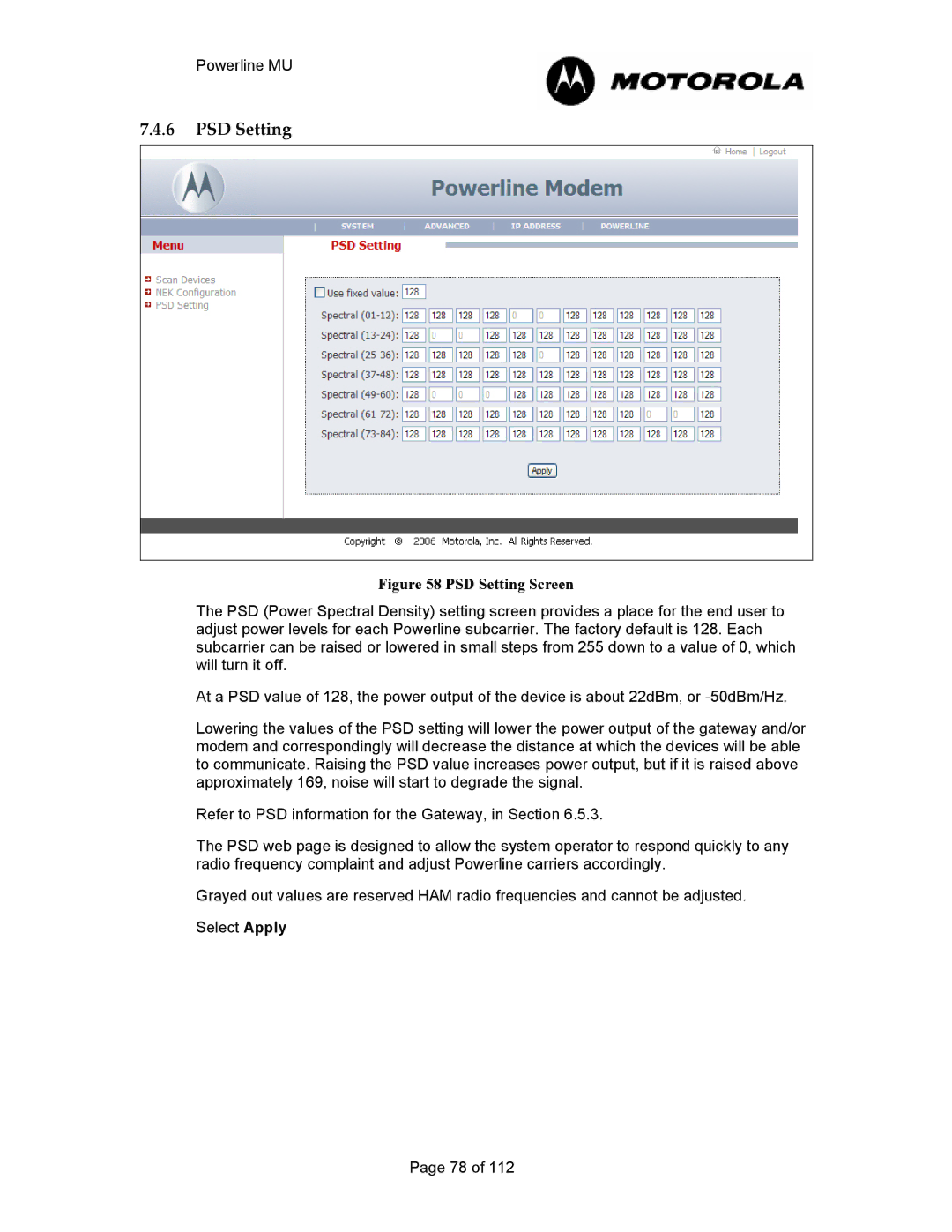 Motorola Powerline MU manual PSD Setting Screen 