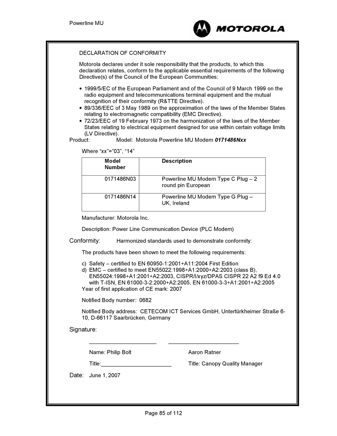 Motorola Powerline MU manual 0171486Nxx Model Number Description 