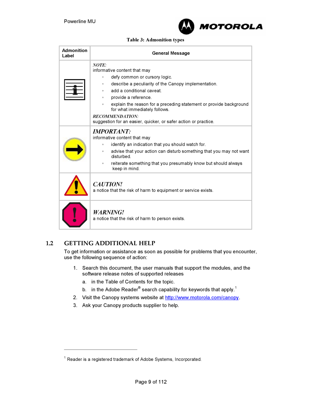 Motorola Powerline MU manual Getting Additional Help, Admonition types 