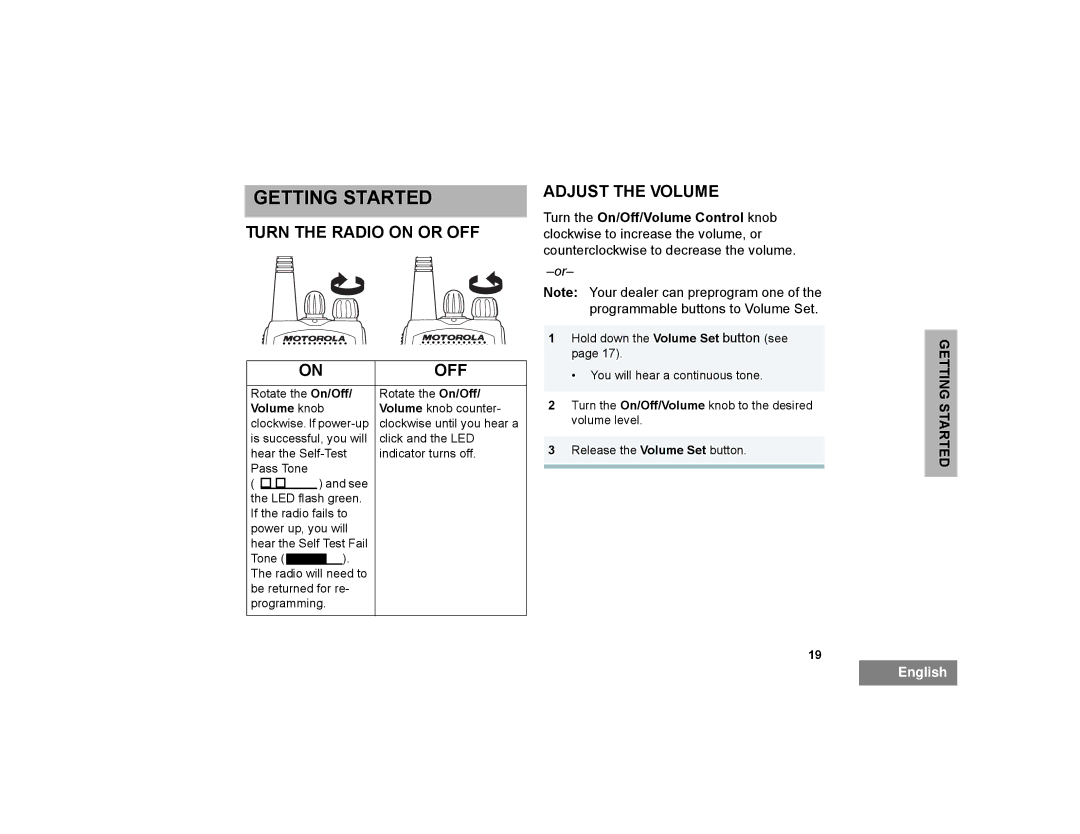 Motorola PR400 manual Getting Started, Turn the Radio on or OFF, Adjust the Volume 