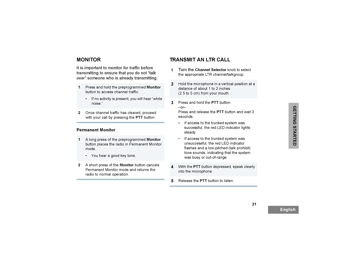 Motorola PR400 manual Transmit AN LTR Call, Permanent Monitor 