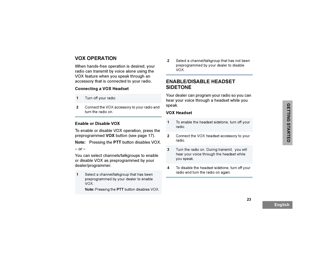 Motorola PR400 manual VOX Operation, ENABLE/DISABLE Headset Sidetone, Connecting a VOX Headset, Enable or Disable VOX 