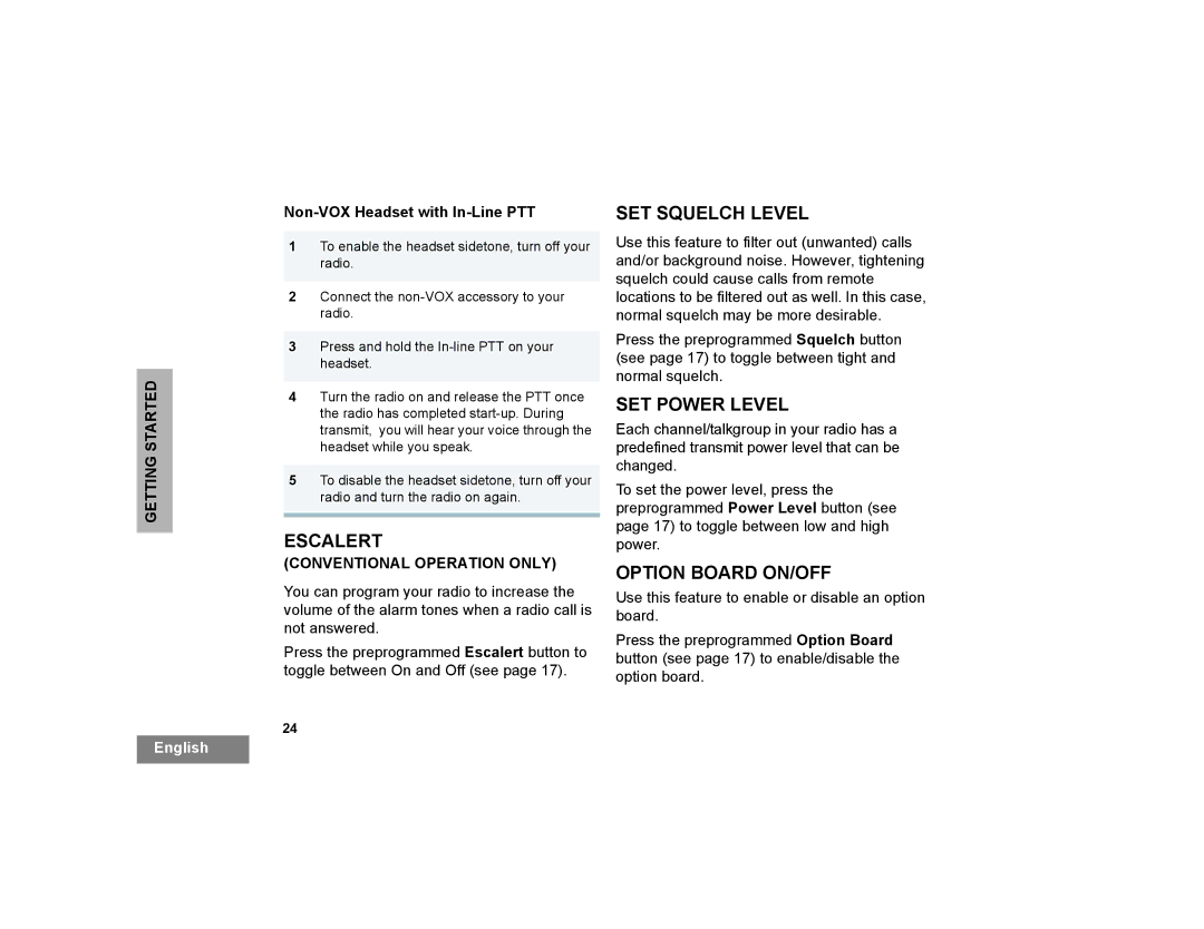Motorola PR400 manual Escalert, SET Squelch Level, SET Power Level, Option Board ON/OFF, Conventional Operation only 