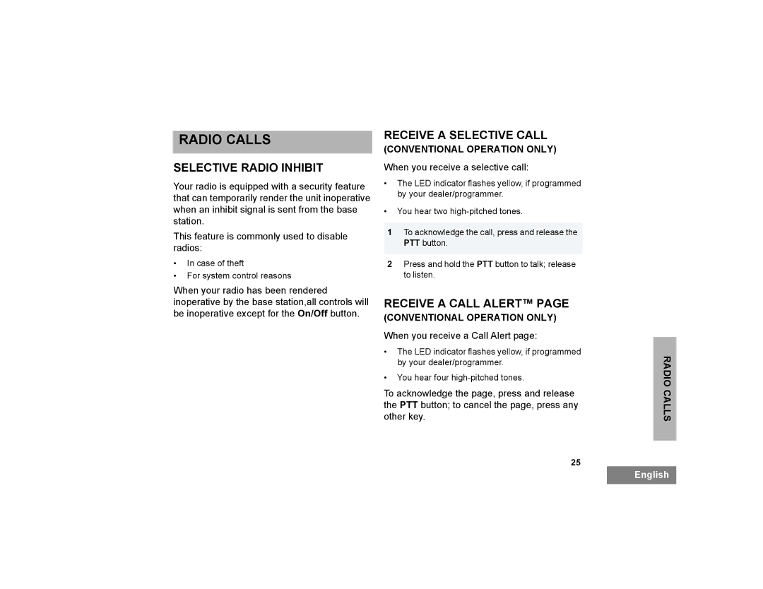 Motorola PR400 manual Radio Calls, Selective Radio Inhibit, Receive a Selective Call, Receive a Call Alert 