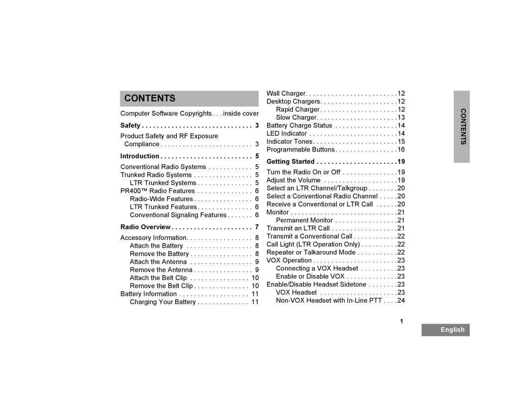 Motorola PR400 manual Contents 