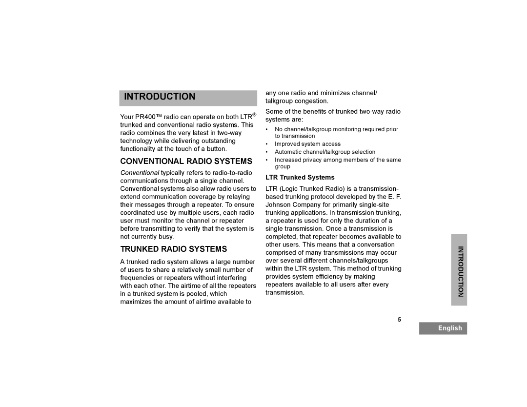 Motorola PR400 manual Introduction, Conventional Radio Systems, Trunked Radio Systems, LTR Trunked Systems 