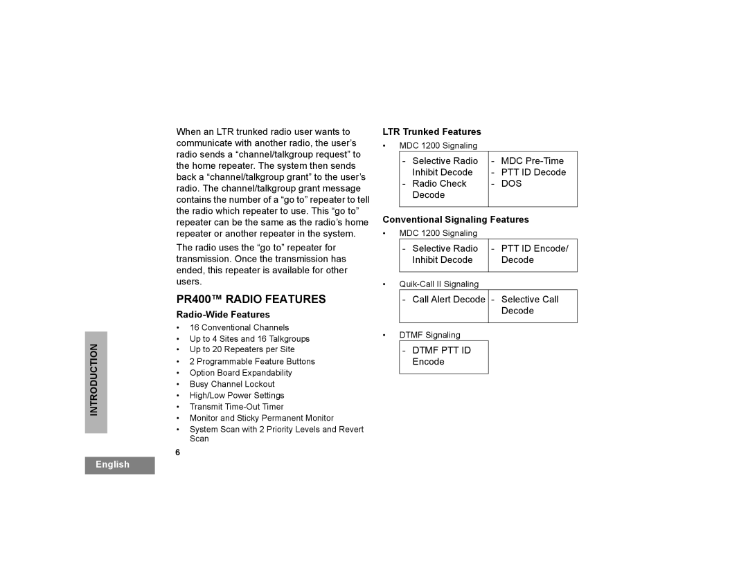 Motorola manual PR400 Radio Features, Radio-Wide Features, LTR Trunked Features, Conventional Signaling Features 