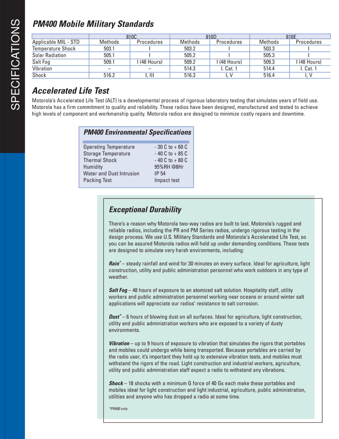 Motorola PR400 manual PM400 Mobile Military Standards, Accelerated Life Test 